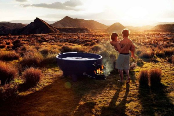 wood fired hot tub in the desert