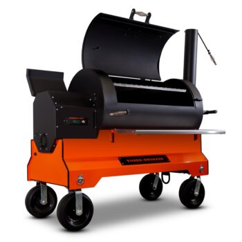 Yoder YS1500s Pellet Grill Competition Cart left angle orange - hotboxstoves.co.uk