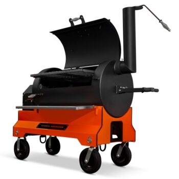 Yoder YS1500s Pellet Grill Competition Cart right side open orange - hotboxstoves.co.uk