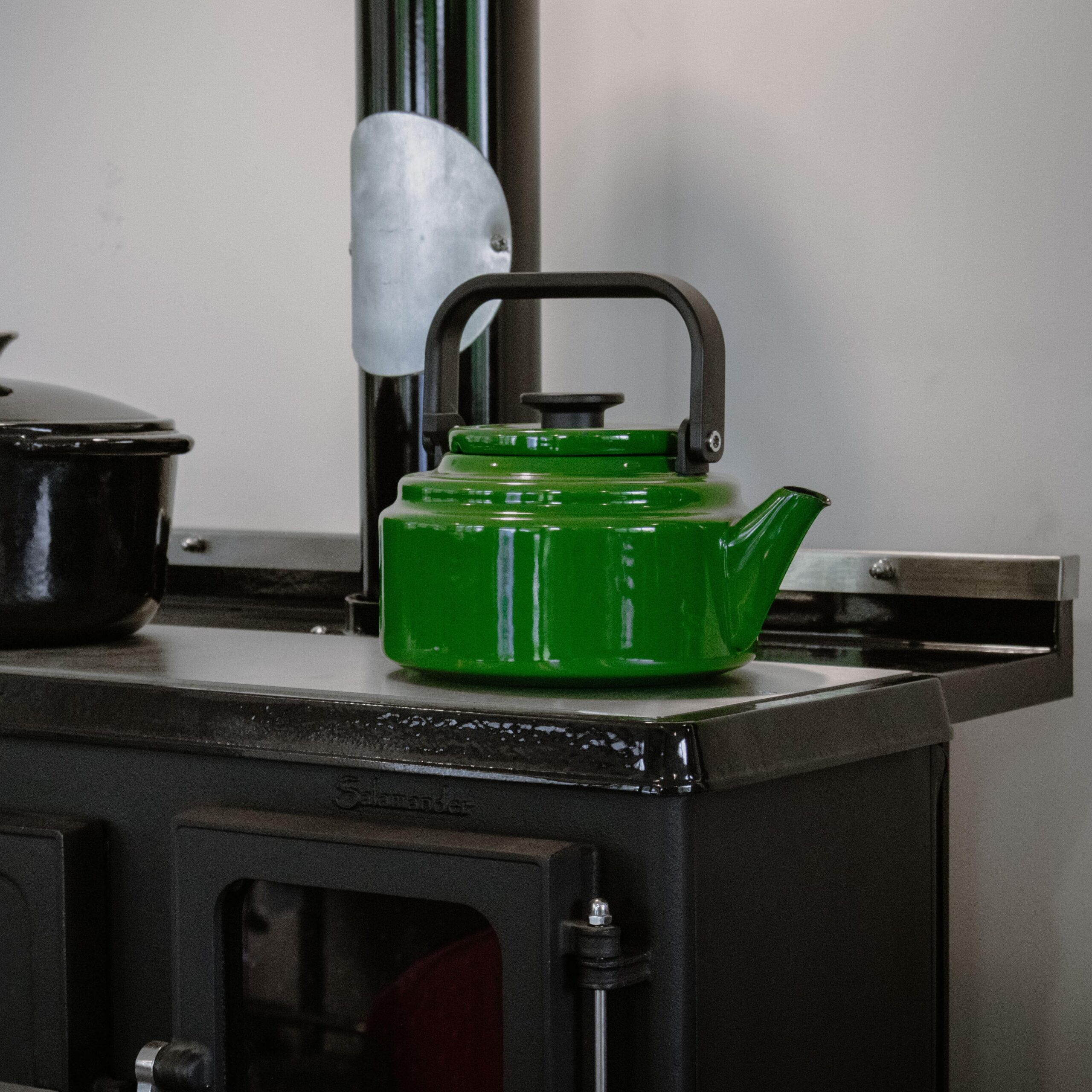 Little Range front with a green kettle - hotboxstoves.co.uk
