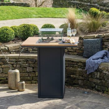 Cosiloft 100 Bar Table Black and Teak Fire Table glass cover- Hotboxstoves.co.uk