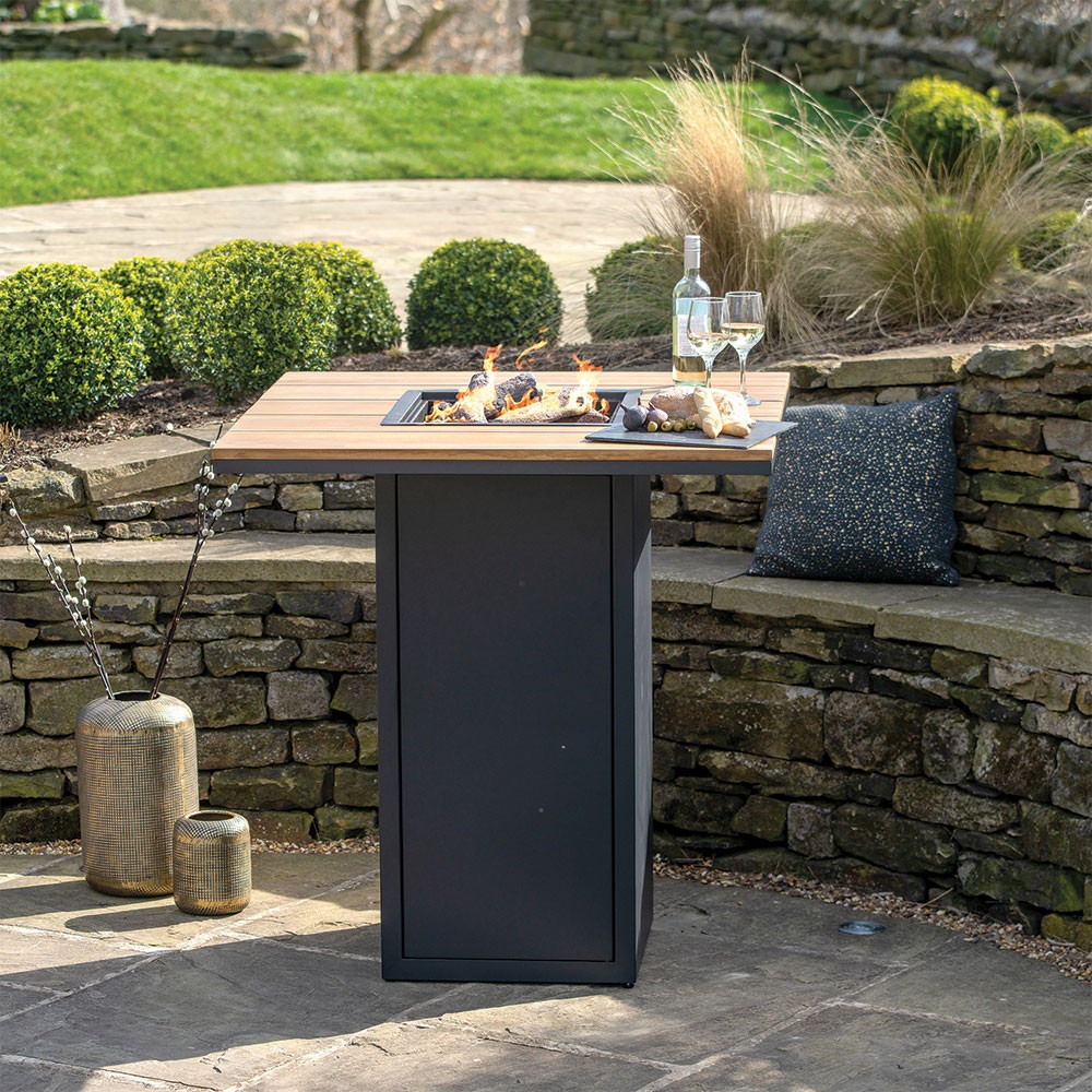 Cosiloft 100 Bar Table Black and Teak Fire Table no glass - Hotboxstoves.co.uk