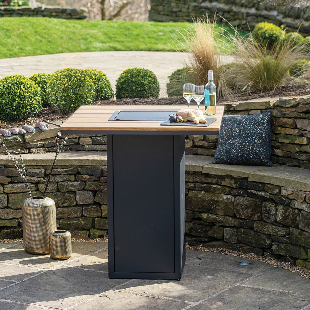Cosiloft 100 Bar Table Black and Teak Full Fire Table - Hotboxstoves.co.uk
