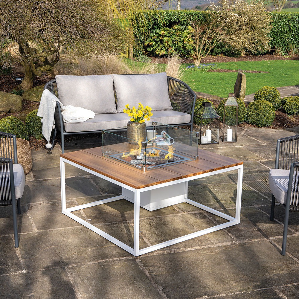 Cosiloft 100 White and Teak - Fire Table - Hotboxstoves.co.uk