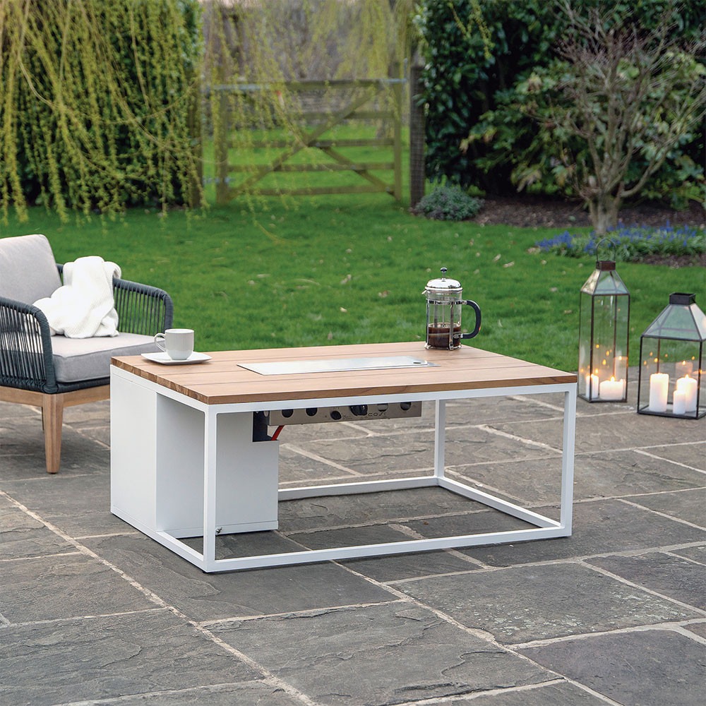 Cosiloft 120 White and Teak Fire Table Flat - hotboxstoves.co.uk