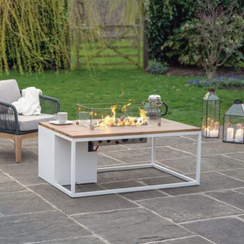 Cosiloft 120 White and Teak Fire Table - hotboxstoves.co.uk