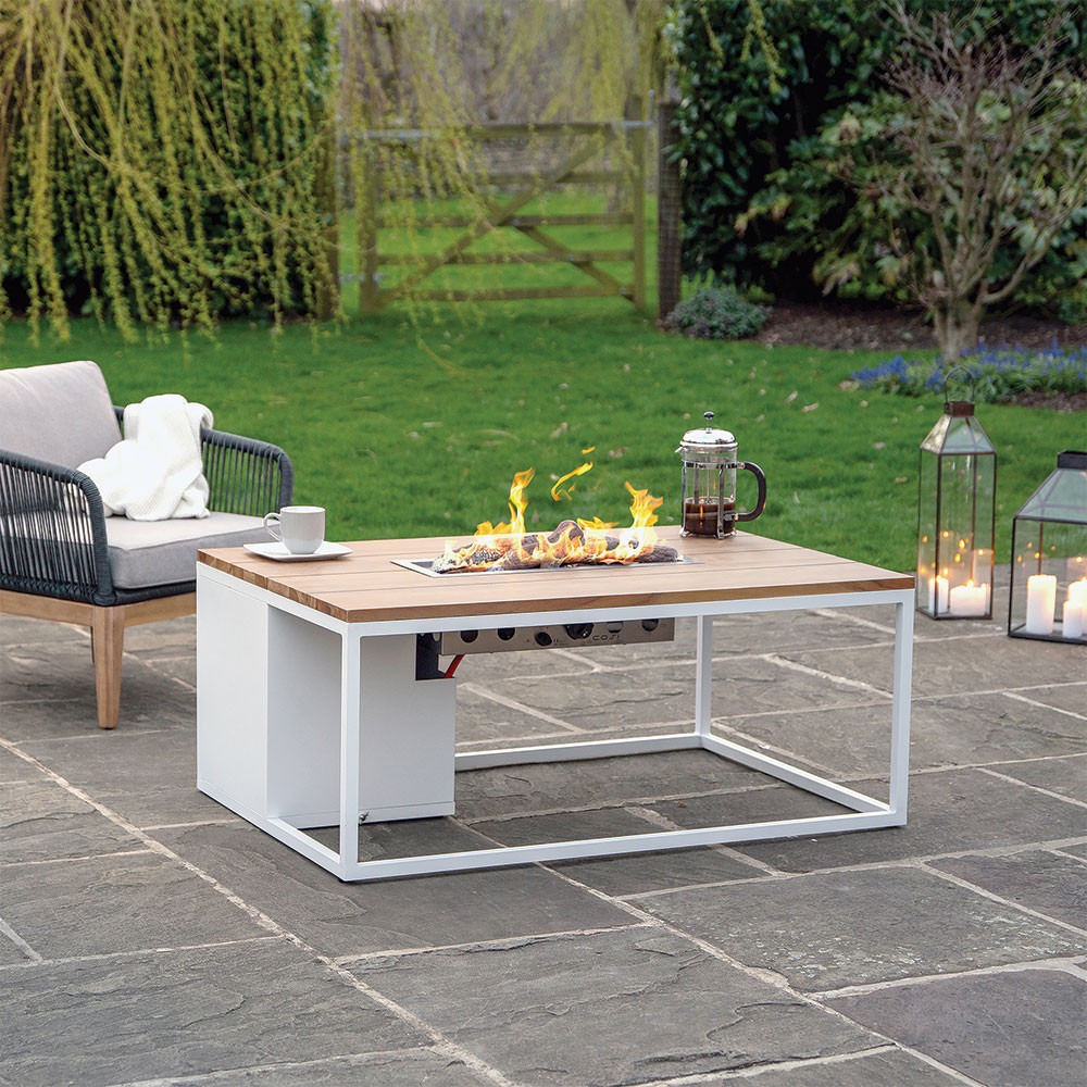 Cosiloft 120 White and Teak Fire Table no glass - hotboxstoves.co.uk